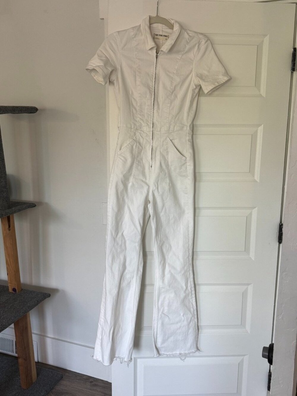 Free People Jayde Flare Jumpsuit We The Free Zip Up Stretch Denim White - Picture 2 of 2